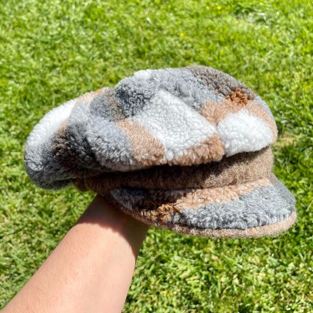 Brown, White, Gray Fuzzy Newsboy Cap